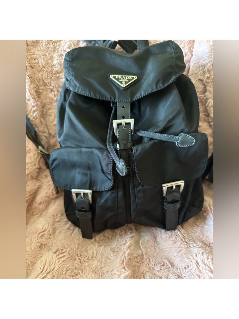 Prada Black Nylon Backpack with Leather Accents and Silver Hardware